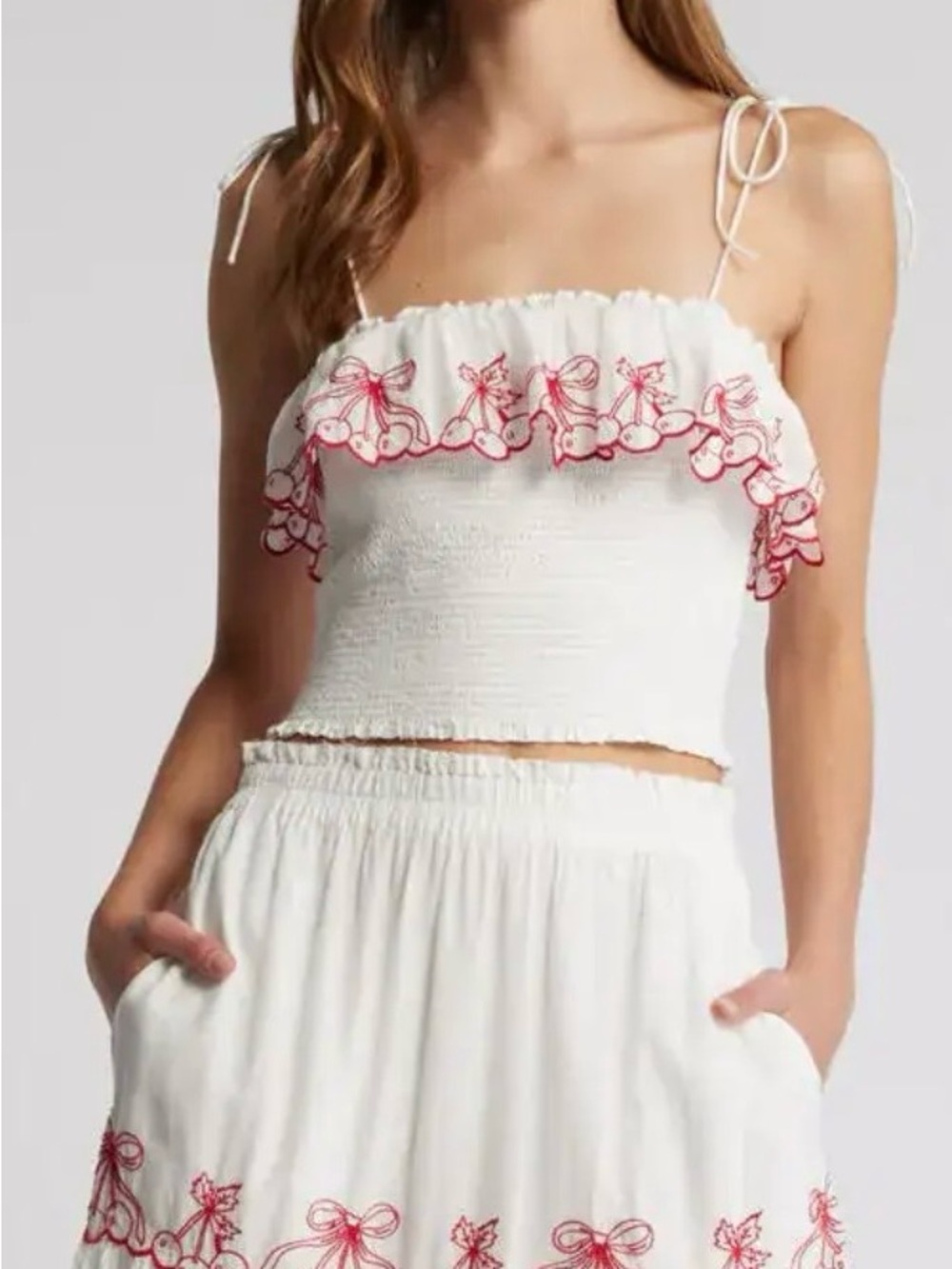 LoveShackFancy White Smocked Crop Set with Red Cherry Embroidered Ruffle